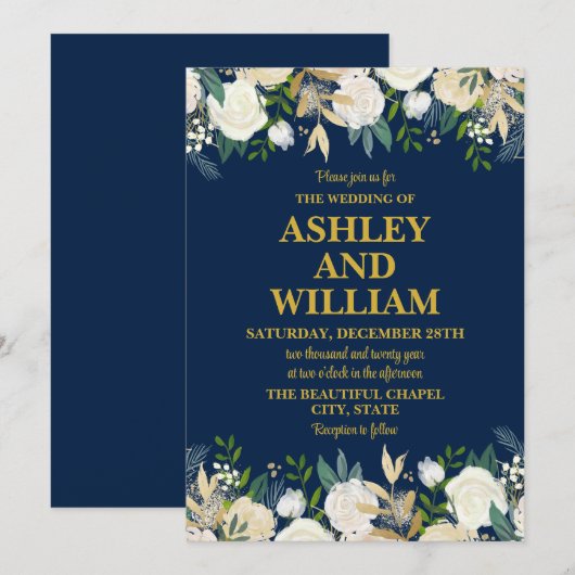 Marine Blauw en Goud Boho Bohemian Greenery Weddin Kaart (Voorkant / Achterkant)