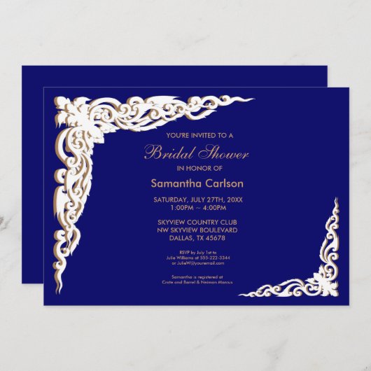 Marine Blauw en Goud Bruids Douche Uitnodigingen (Voorkant / Achterkant)