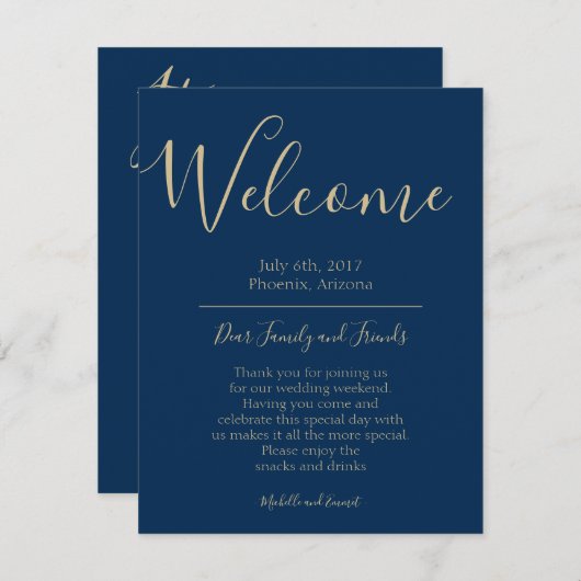 Marine Blauw en Goud bruiloft Welkom reisverslag Informatiekaartje (Voorkant / Achterkant)