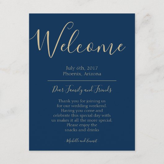 Marine Blauw en Goud bruiloft Welkom reisverslag Informatiekaartje (Voorkant)