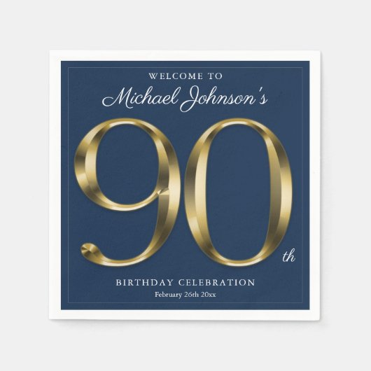 Marine Blauw en Goud Elegant 90ste Verjaardag Servet (Voorkant)
