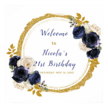 Marine Blauw en Goud Elegant Bloemen Verjaardagsfe