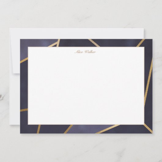 Marine blauw en goud elegant geometrisch monogram notitiekaartje (Voorkant)
