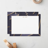 Marine blauw en goud elegant geometrisch monogram notitiekaartje (Voorkant / Achterkant in situ)