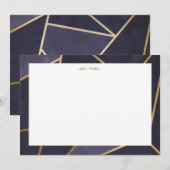 Marine blauw en goud elegant geometrisch monogram notitiekaartje (Voorkant / Achterkant)