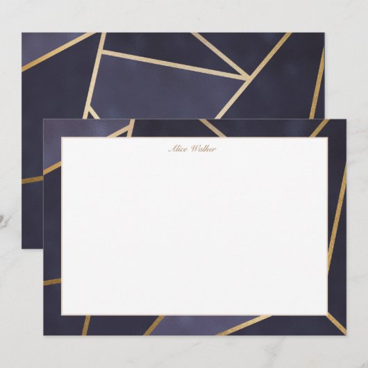 Marine blauw en goud elegant geometrisch monogram notitiekaartje (Voorkant / Achterkant)