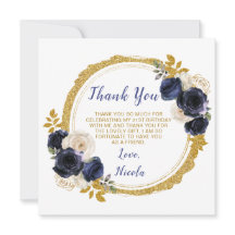 Marine Blauw en Goud Elegante Bloemen Verjaardag