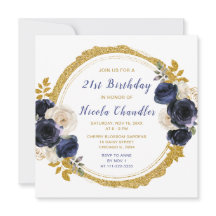 Marine Blauw en Goud Elegante Bloemen Verjaardagsf