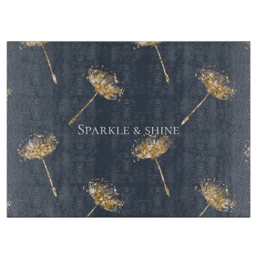Marine Blauw en Goud Faux Glitter Paardenbloem Blo Snijplank (Voorkant)