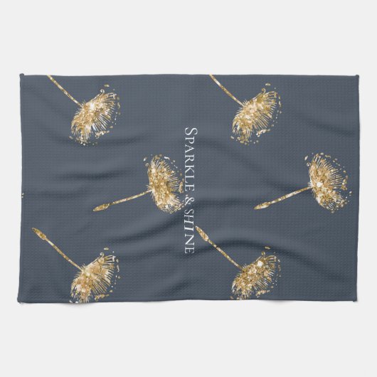 Marine Blauw en Goud Faux Glitter Paardenbloem Blo Theedoek (Horizontaal)