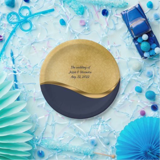 Marine blauw en goud gepersonaliseerde bruiloft papieren bordje (Feest)