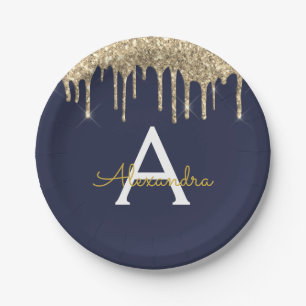 Marine Blauw en Goud Glitter Monogram Verjaardag Papieren Bordje