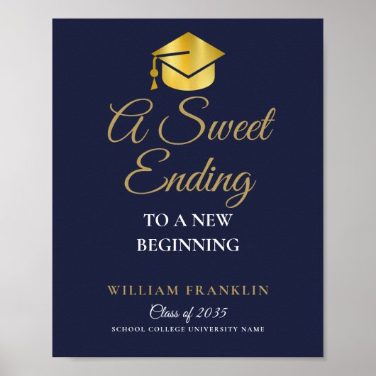 Marine Blauw en Goud Graduation Party Sweets Sign Poster (Voorkant)