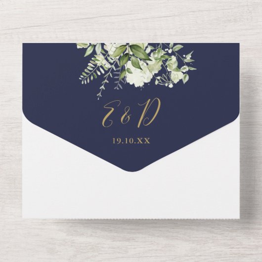 Marine blauw en goud groen monogram bruiloft all in one uitnodiging (Achterkant)