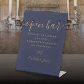 Marine blauw en goud handtekening script open bar reclamebord met voetstuk