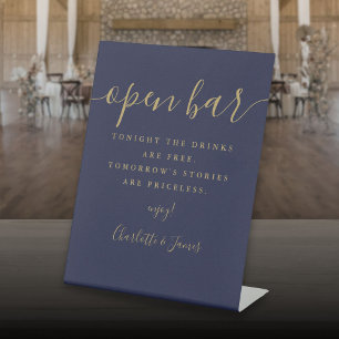 Marine blauw en goud handtekening script open bar reclamebord met voetstuk