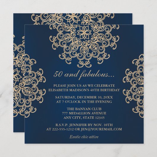 Marine Blauw en Goud Indische Stijl 50e Verjaardag Kaart (Voorkant / Achterkant)