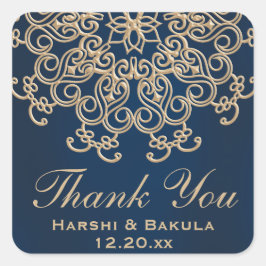 Marine Blauw en Goud Indische Stijl Bruiloft Dank Vierkante Sticker