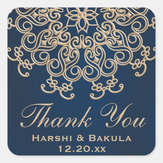 Marine Blauw en Goud Indische Stijl Bruiloft Dank  Vierkante Sticker (Voorkant)