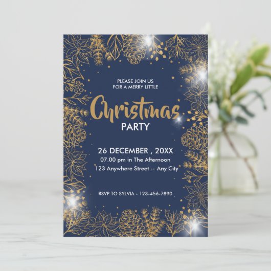 Marine blauw en goud loof vrolijk kerstfeest kaart (Staand voorkant)