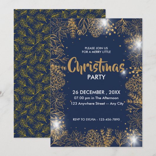 Marine blauw en goud loof vrolijk kerstfeest kaart (Voorkant / Achterkant)