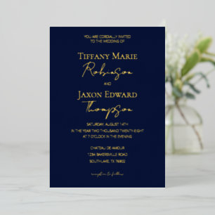 Marine Blauw en Goud Luxe Huwelijk Folie Uitnodiging