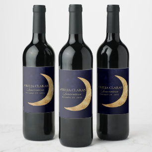 Marine blauw en goud maan Quinceañera Wijn Etiket