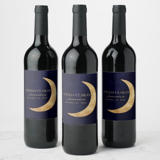 Marine blauw en goud maan Quinceañera Wijn Etiket (Flessen)