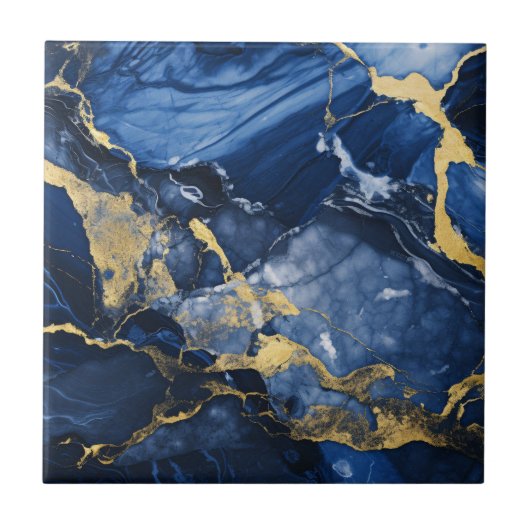 Marine blauw en goud marmeren patroon tegeltje (Voorkant)