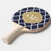 Marine blauw en goud Marokkaanse Quatrefoil Monogr Tafeltennisbatje (Voorkant Gekanteld)
