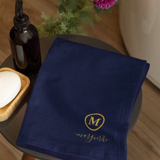 Marine blauw en goud monogram bad handdoek