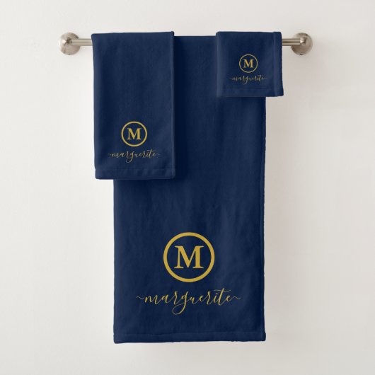 Marine blauw en goud monogram bad handdoek (Insitu)