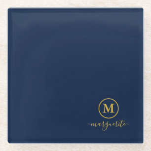 Marine blauw en goud monogram glazen onderzetter