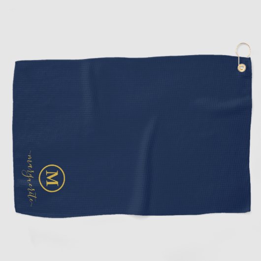 Marine blauw en goud monogram golfhanddoek (Horizontaal)