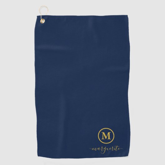 Marine blauw en goud monogram golfhanddoek (Voorkant)