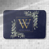 Marine Blauw en Goud Monogram Groene Bladeren Badmat