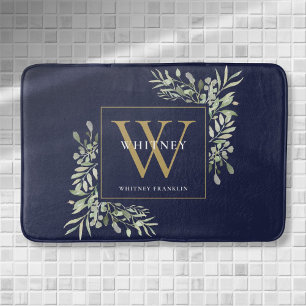 Marine Blauw en Goud Monogram Groene Bladeren Badmat