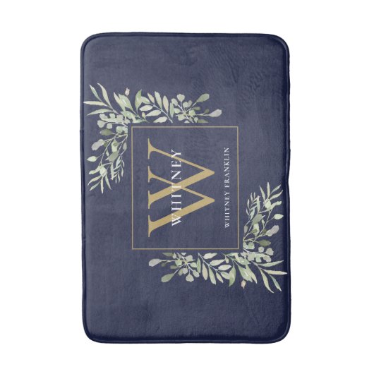 Marine Blauw en Goud Monogram Groene Bladeren Badmat (Voorkant Verticaal)