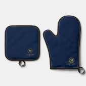 Marine blauw en goud monogram ovenwant & pannenlap set (Voorkant)