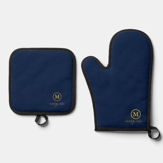 Marine blauw en goud monogram ovenwant & pannenlap set (Voorkant)