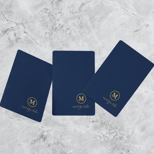 Marine blauw en goud monogram pokerkaarten