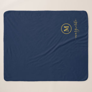 Marine blauw en goud monogram sherpa deken