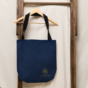 Marine blauw en goud monogram tote bag