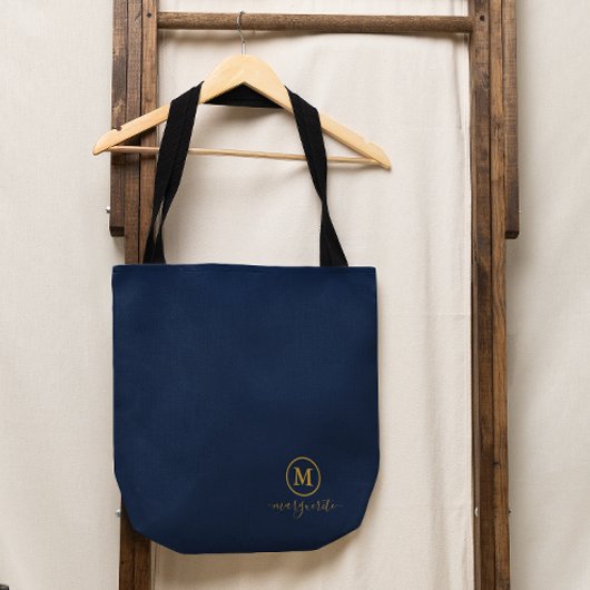 Marine blauw en goud monogram tote bag