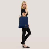 Marine blauw en goud monogram tote bag (Op model)