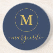 Marine blauw en goud monogram zandsteen onderzetter (Voorkant)