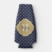 Marine Blauw en Goud Polka Dots Monogram Flesjeskoeler (Voorkant)