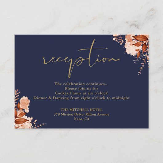 Marine Blauw en Goud Rustieke Bloemen Huwelijksrec Informatiekaartje (Voorkant)