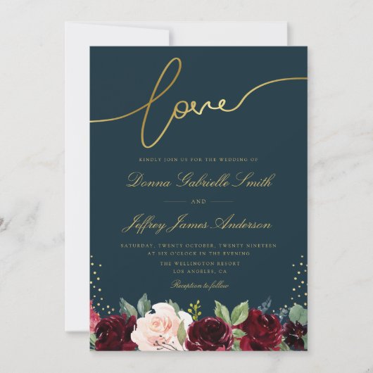 Marine blauw en goud script bordeaux bloemenbruilo kaart (Voorkant)