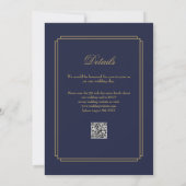 Marine Blauw en Goud Script QR Code Art Deco Weddi Kaart (Achterkant)